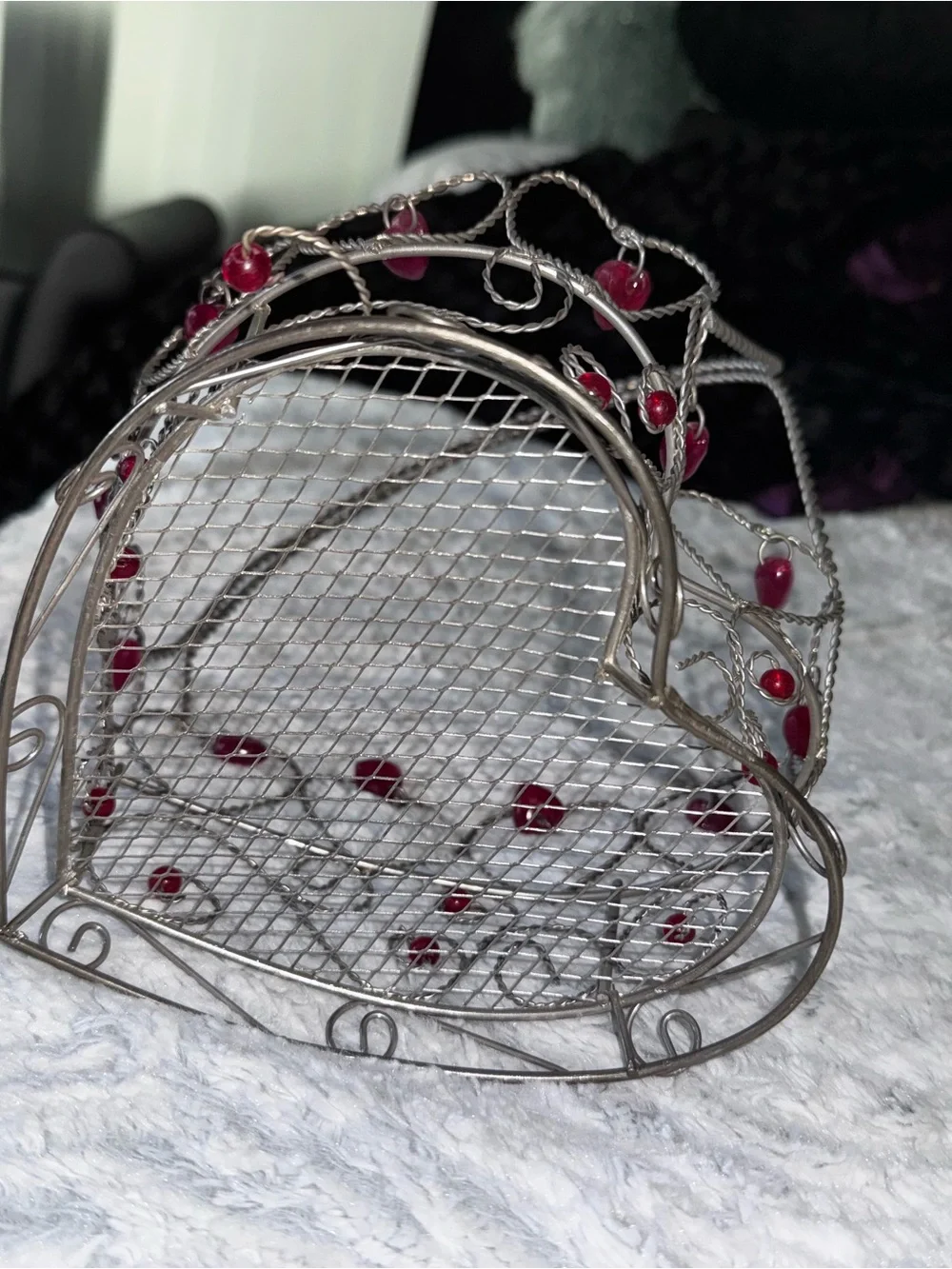 Decorative Silver Heart Basket with Red Bead Accents - Home Holiday